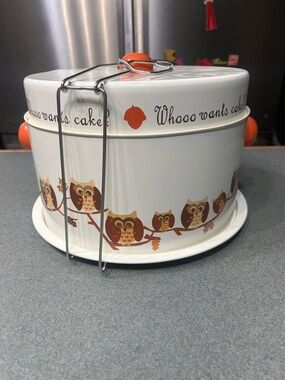 1970s Whooo Wants Cake? Owl Print Cake Carrier - White with Orange Accents